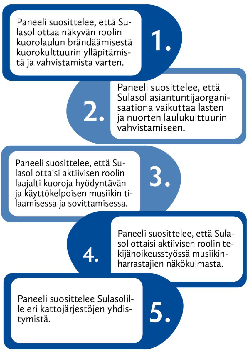 1.	Paneeli suosittelee, että Sulasol ottaa näkyvän roolin kuorolaulun brändäämisestä kuorokulttuurin ylläpitämistä ja vahvistamista varten.
2.	Paneeli suosittelee, että Sulasol asiantuntijaorganisaationa vaikuttaa lasten ja nuorten laulukulttuurin vahvistamiseen.
3.	Paneeli suosittelee, että Sulasol ottaisi aktiivisen roolin laajalti kuoroja hyödyntävän ja käyttökelpoisen musiikin tilaamisessa ja sovittamisessa.
4.	Paneeli suosittelee, että Sulasol ottaisi aktiivisen roolin tekijänoikeusstyössä musiikinharrastajien näkökulmasta. 
5.	Paneeli suosittelee Sulasolille eri kattojärjestöjen yhdistymistä.
